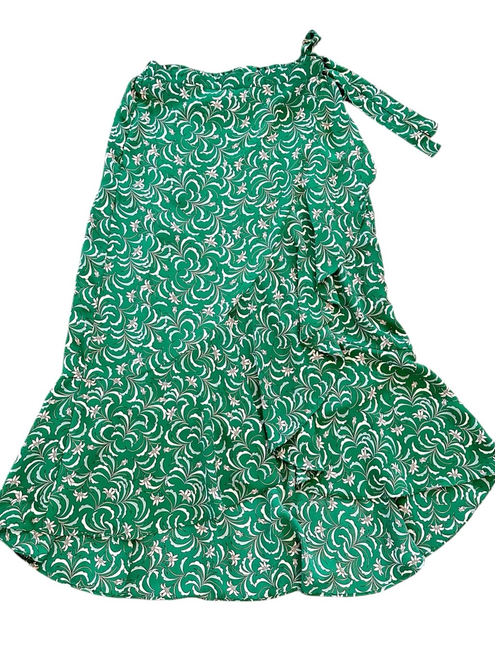 MAX STUDIO green floral faux wrap ruffle hem midi skirt size Medium